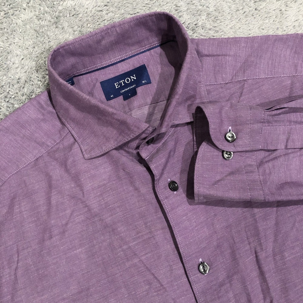 Eton Contemporary Cotton & Silk Men's L Dress Shirt Button Cutaway Collar Purple